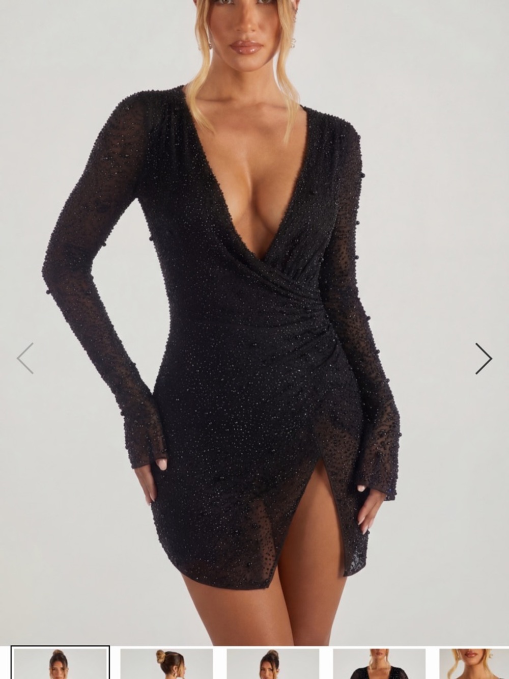 Oh Polly Black Beaded Long-Sleeve Wrap Mini Dress